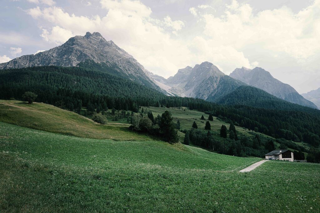 Weite grüne Bergwiese vor einer imposanten Alpenkulisse mit bewaldeten Hängen und einem kleinen Landhaus in exklusiver, ruhiger Lage.